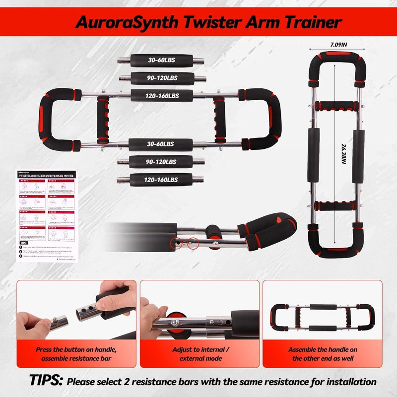 AuroraSynth Twister Arm Trainer, Adjustable Chest Workout Equipment with 6 Resistance Levels Springs (30-160 Lbs), Arm Trainer for Men & Women, Detachable Home Gym Fitness Trainer with Anti-Slip Handles - Image 2